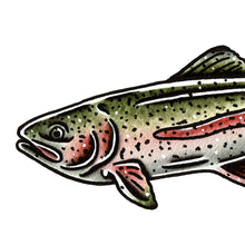 Load image into Gallery viewer, American traditional tattoo flash wildlife illustration Rainbow Trout watercolor painting.