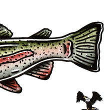 Load image into Gallery viewer, American traditional tattoo flash wildlife illustration Rainbow Trout watercolor painting.