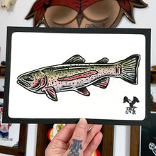 Load image into Gallery viewer, American traditional tattoo flash wildlife illustration Rainbow Trout watercolor painting.