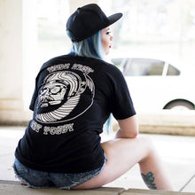Load image into Gallery viewer, American Traditional tattoo flash Ride Fast Eat Pussy Biker Head T Shirt.