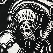 Load image into Gallery viewer, Close up of tattoo style skateboard reaper on black t-shirt.