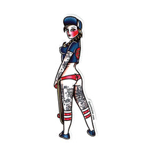 Load image into Gallery viewer, American traditional tattoo flash Santa Cruz Skateboard Pinup watercolor sticker.