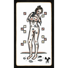Load image into Gallery viewer, American traditional tattoo flash nude Shower Tub Pinup watercolor painting.