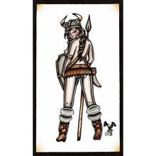 Load image into Gallery viewer, American Traditional tattoo flash Viking Pinup watercolor painting.