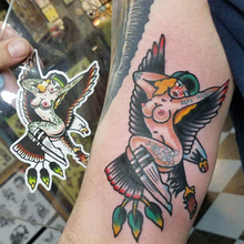 Load image into Gallery viewer, American traditional tattoo flash Illustration Eagle Skateboard Pinup watercolor sticker.