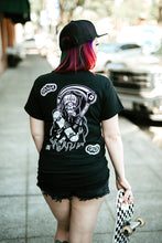 Load image into Gallery viewer, Female model wearing tattoo style skateboard reaper t-shirt.