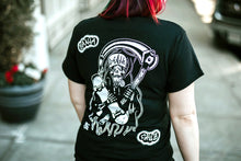 Load image into Gallery viewer, Female model wearing tattoo style skateboard reaper t-shirt.