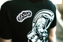Load image into Gallery viewer, Close up of female model wearing tattoo style skateboard reaper t-shirt.