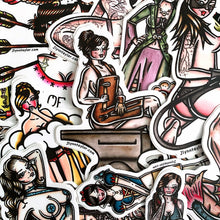 Load image into Gallery viewer, American traditional tattoo flash illustration Blacksmith pinup watercolor stickers surprise pack.
