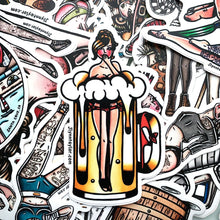Load image into Gallery viewer, American traditional tattoo flash illustration Beer pinup watercolor stickers surprise pack.
