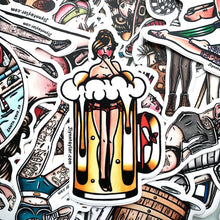 Load image into Gallery viewer, American traditional tattoo flash illustration Beer pinup watercolor stickers surprise pack.