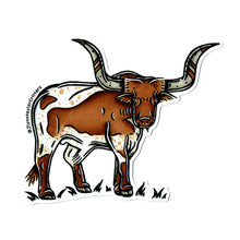 Load image into Gallery viewer, American traditional tattoo flash Texas Longhorn watercolor sticker.
