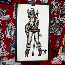 Load image into Gallery viewer, American Traditional tattoo flash Viking Pinup watercolor painting.