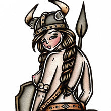 Load image into Gallery viewer, American Traditional tattoo flash Viking Pinup watercolor painting.