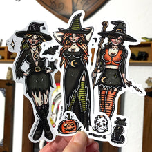 Load image into Gallery viewer, American traditional tattoo flash witch pinup sticker set.