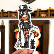 Load image into Gallery viewer, American traditional tattoo flash Witch and Cat Pinup watercolor sticker.