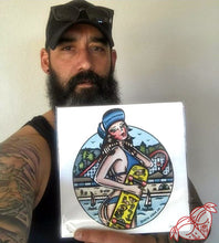 Load image into Gallery viewer, American Traditional tattoo style Santa Cruz skateboard pinup print.