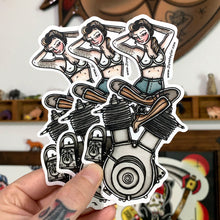 Load image into Gallery viewer, American Traditional tattoo flash illustration Harley Motorcycle 1909 V-Twin Engine Pinup watercolor sticker.
