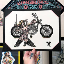 Load image into Gallery viewer, American traditional tattoo flash illustration 1971 Harley Davidson Ironhead Chopper Pinup watercolor painting.
