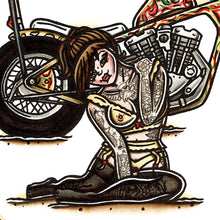 Load image into Gallery viewer, American traditional tattoo flash illustration 1971 Harley Davidson Ironhead Chopper Pinup painting.
