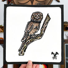 Load image into Gallery viewer, American traditional tattoo flash Wildlife illustration Tawny Frogmouth watercolor painting.
