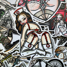Load image into Gallery viewer, American traditional tattoo flash illustration Naughty Nurse pinup watercolor stickers surprise pack.
