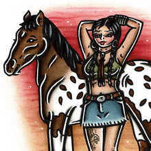 Load image into Gallery viewer, American traditional tattoo flash illustration Nez Perce Tribe Appaloosa Horse Pinup watercolor painting.

