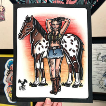 Load image into Gallery viewer, American traditional tattoo flash illustration Nez Perce Tribe Appaloosa Horse Pinup watercolor painting.
