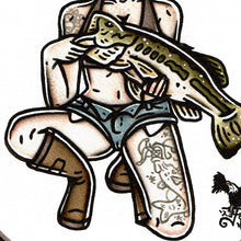 Load image into Gallery viewer, American traditional tattoo flash illustration Largemouth Bass Fishing Pinup Painting.
