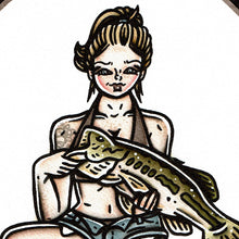 Load image into Gallery viewer, American traditional tattoo flash illustration Largemouth Bass Fishing Pinup Painting.

