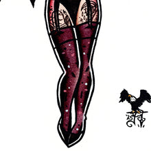 Load image into Gallery viewer, American traditional tattoo flash Halloween Bat Pinup ink and watercolor painting.

