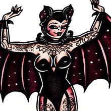 Load image into Gallery viewer, American traditional tattoo flash Halloween Bat Pinup ink and watercolor painting.

