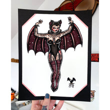 Load image into Gallery viewer, American traditional tattoo flash Halloween Bat Pinup ink and watercolor painting.


