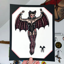 Load image into Gallery viewer, American traditional tattoo flash Halloween Bat Pinup ink and watercolor painting.

