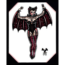 Load image into Gallery viewer, American traditional tattoo flash Halloween Bat Pinup ink and watercolor painting.

