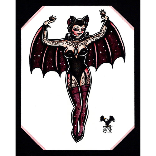 American traditional tattoo flash Halloween Bat Pinup ink and watercolor painting.
