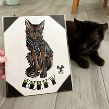 Load image into Gallery viewer, American traditional tattoo flash cat Pet Portrait watercolor painting commission.
