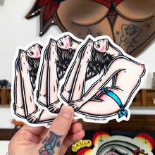 Load image into Gallery viewer, American traditional tattoo flash topless bent back pinup watercolor sticker.
