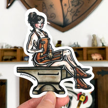 Load image into Gallery viewer, American traditional tattoo flash Blacksmith Pinup watercolor sticker.
