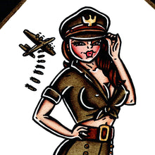 Load image into Gallery viewer, American traditional tattoo flash US Air Force bomber Pinup ink and watercolor painting.
