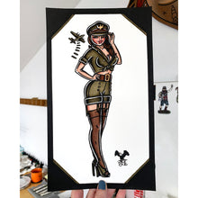 Load image into Gallery viewer, American traditional tattoo flash US Air Force bomber Pinup ink and watercolor painting.
