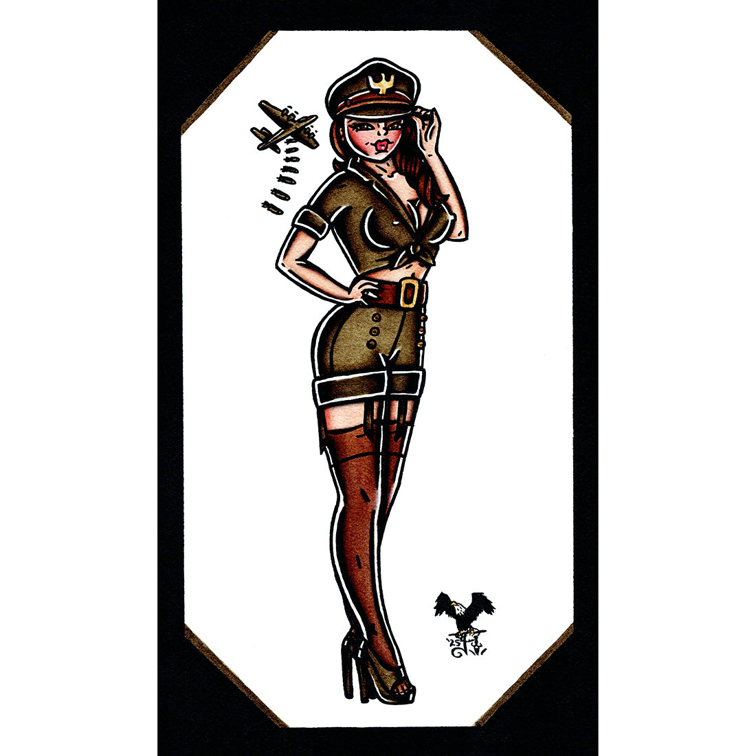 American traditional tattoo flash US Air Force bomber Pinup ink and watercolor painting.