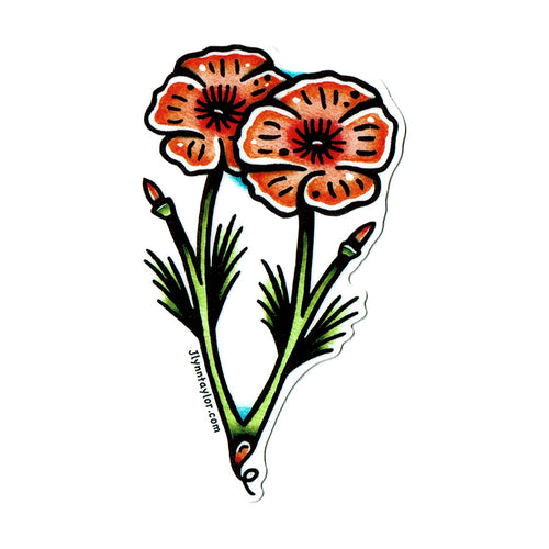 American traditional tattoo flash California Poppies Flower watercolor sticker.
