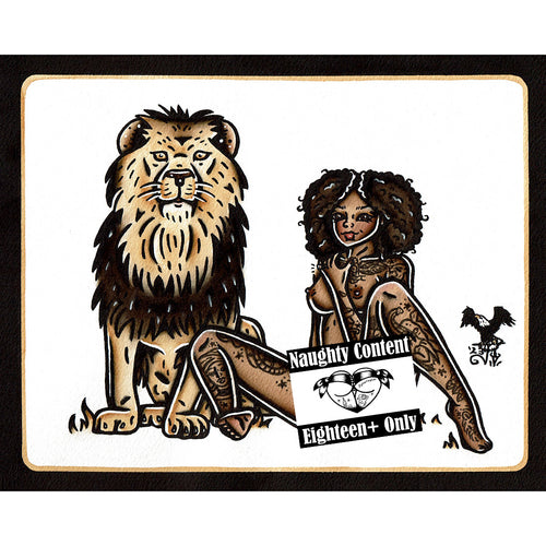 American traditional tattoo flash illustration African Lion Pinup watercolor painting.
