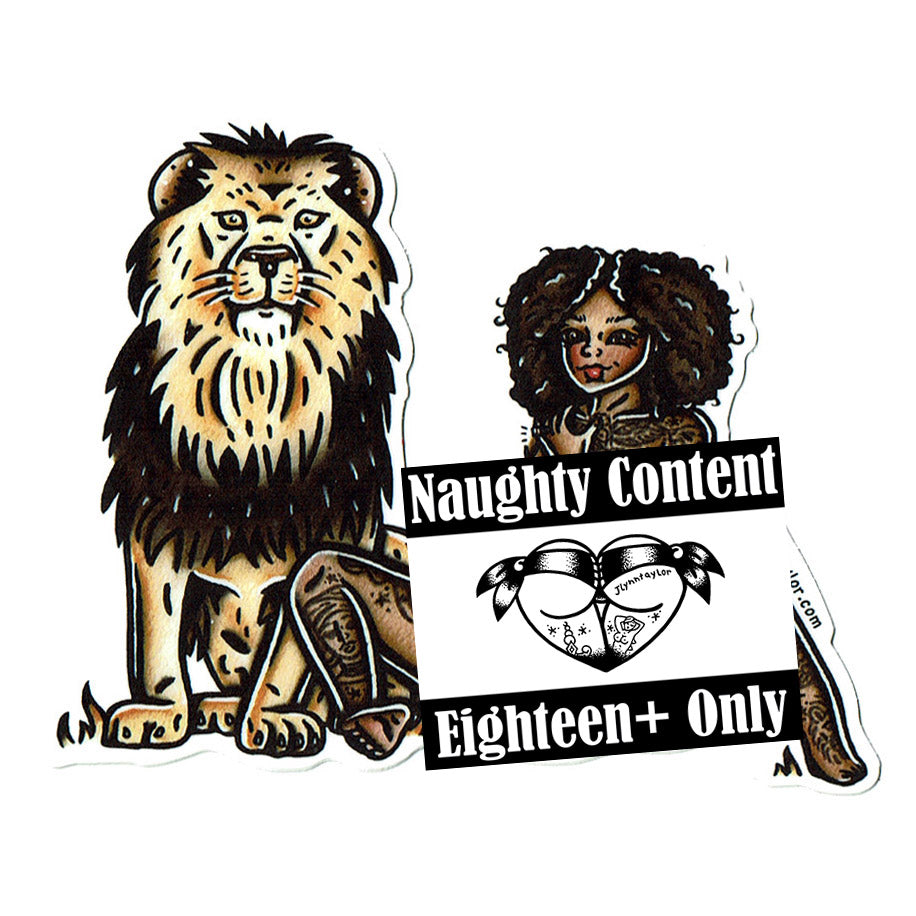 American traditional tattoo flash illustration Lion Pinup Watercolor sticker.