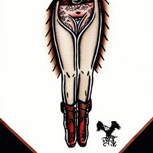 Load image into Gallery viewer, American traditional tattoo flash Fringe Chaps Western Cowgirl Pinup Watercolor painting.
