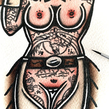 Load image into Gallery viewer, American traditional tattoo flash Fringe Chaps Western Cowgirl Pinup Watercolor painting.
