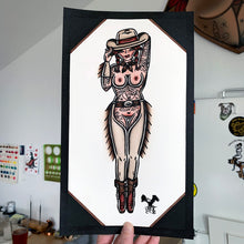 Load image into Gallery viewer, American traditional tattoo flash Fringe Chaps Western Cowgirl Pinup Watercolor painting.
