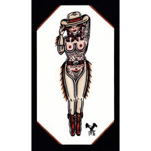 Load image into Gallery viewer, American traditional tattoo flash Fringe Chaps Western Cowgirl Pinup Watercolor painting.
