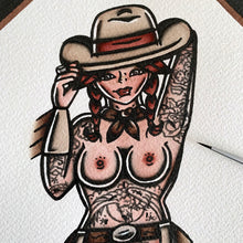 Load image into Gallery viewer, American traditional tattoo flash Fringe Chaps Western Cowgirl Pinup Watercolor painting.

